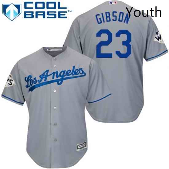 Youth Majestic Los Angeles Dodgers 23 Kirk Gibson Replica Grey Road 2017 World Series Bound Cool Base MLB Jersey